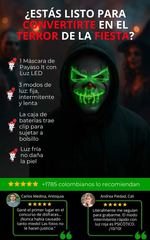 Máscara Aterradora de Payaso con luz LED de Neón